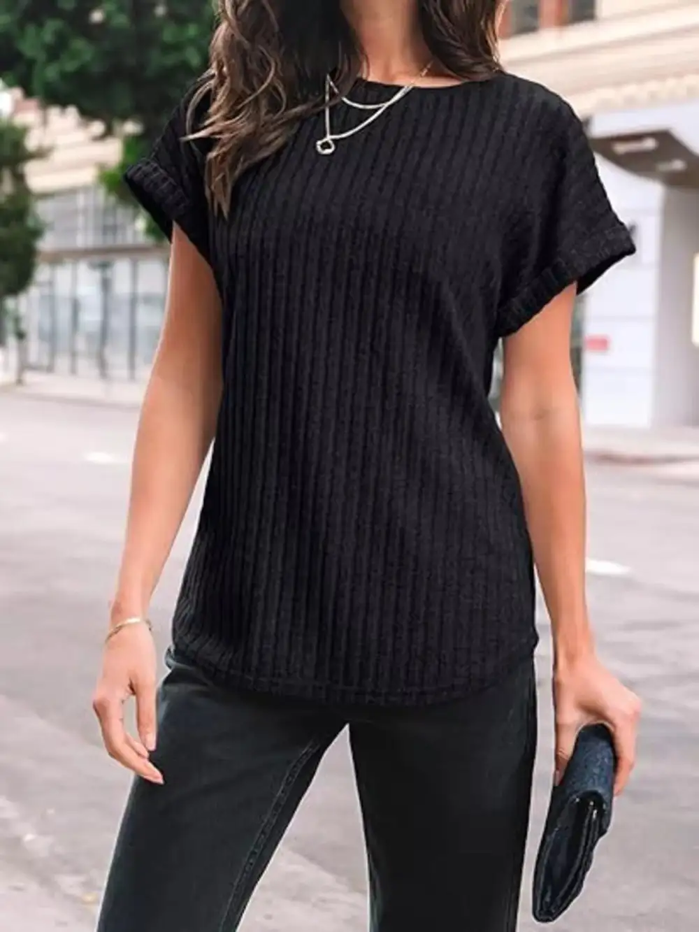 Casual Ribbed Knit Short Sleeve T Shirt