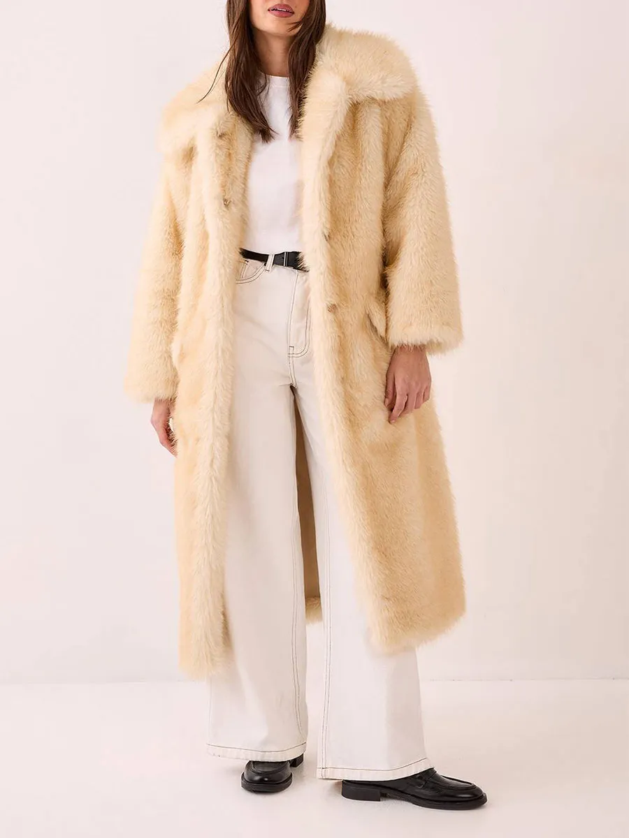 Women's Stylish Cream Fuzzy Long Coat