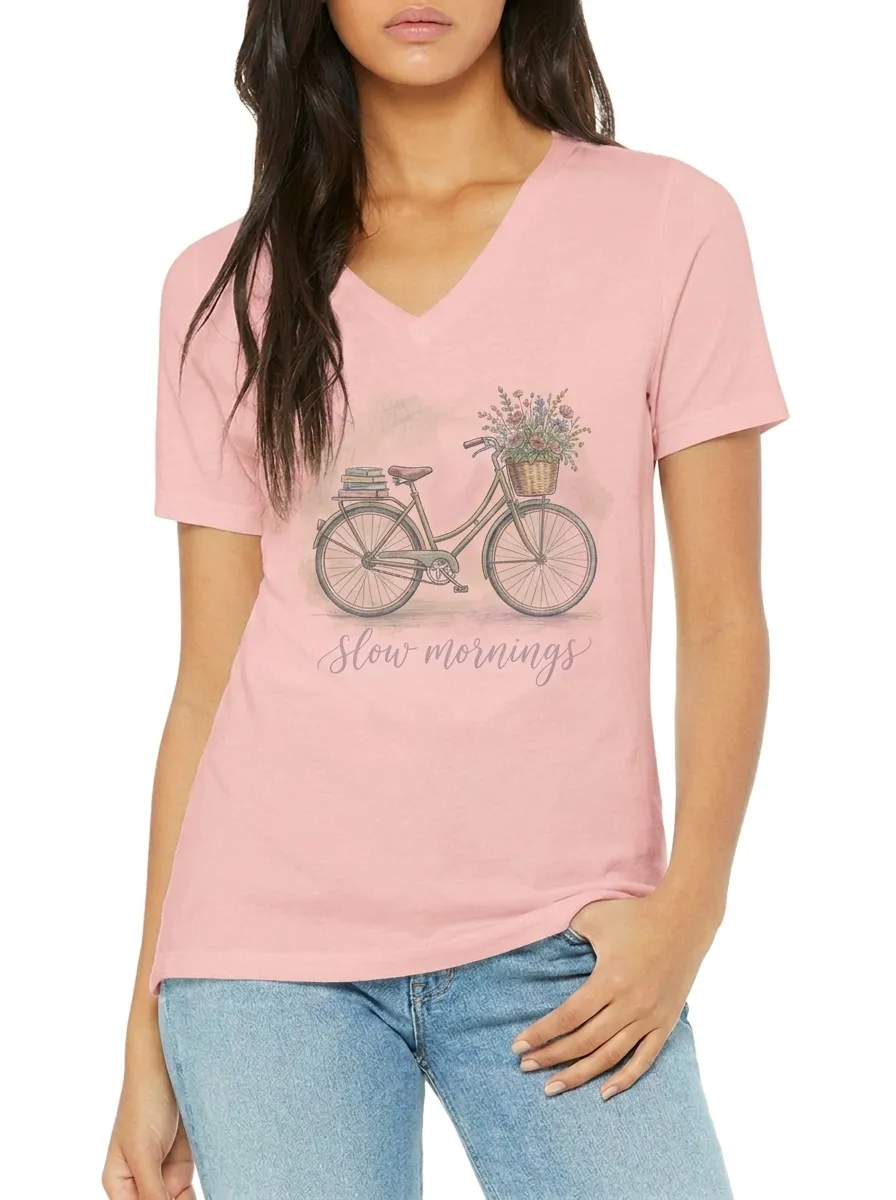 Women's Slow Mornings Bicycle Flower Basket Printed V-neck T-shirt