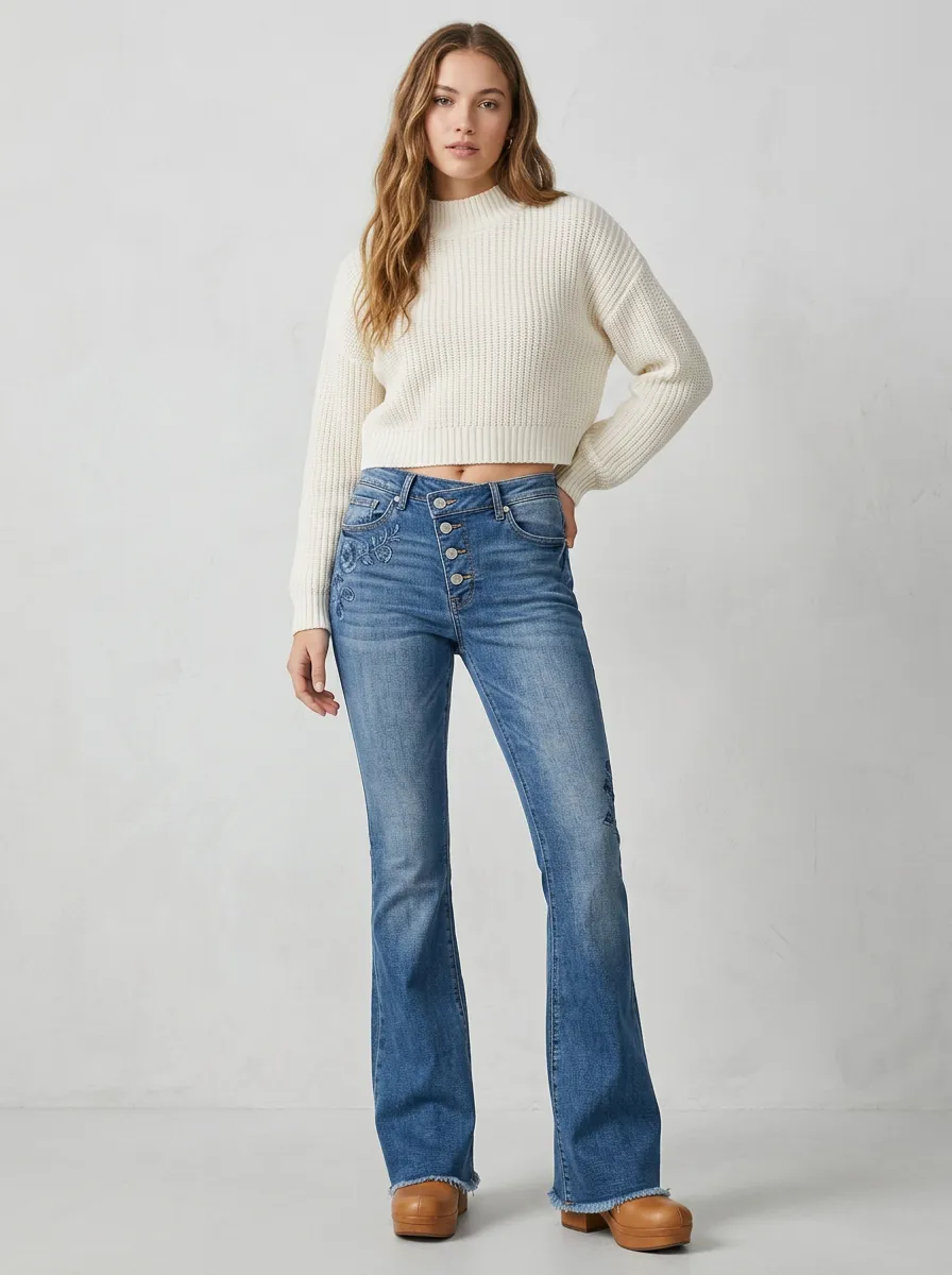 Women's Floral Embroidery Button Fly Printed Flare Jeans