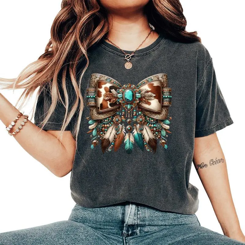 Western Girly Bow Cow Teal Turquoise Feathers Southwest Girl Women's Oversized Comfort T-Shirt