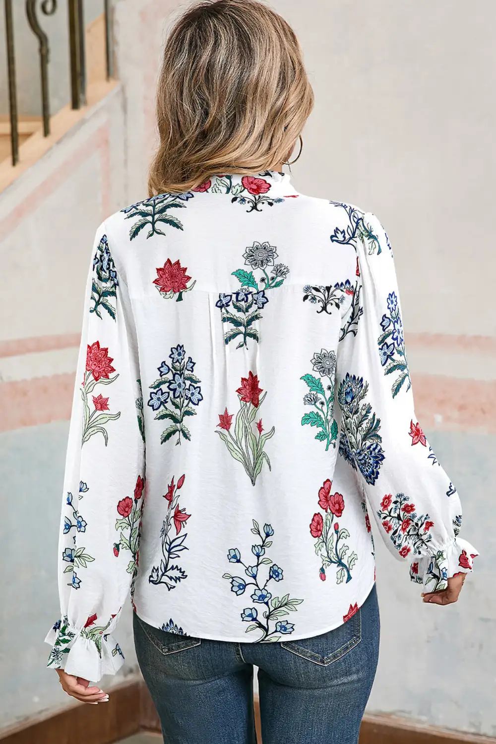 Floral Frilled V-Neck Shirt Blouse