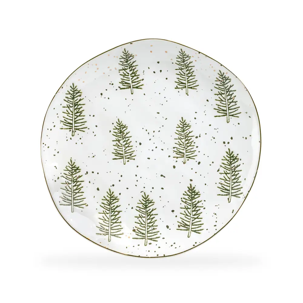 Snowy Pine Trees Organic Shape Stoneware Dinner Plate