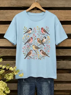 Garden-Inspired Bird Women's Loose Printed T-Shirt
