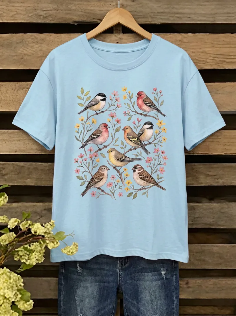 Garden-Inspired Bird Women's Loose Printed T-Shirt
