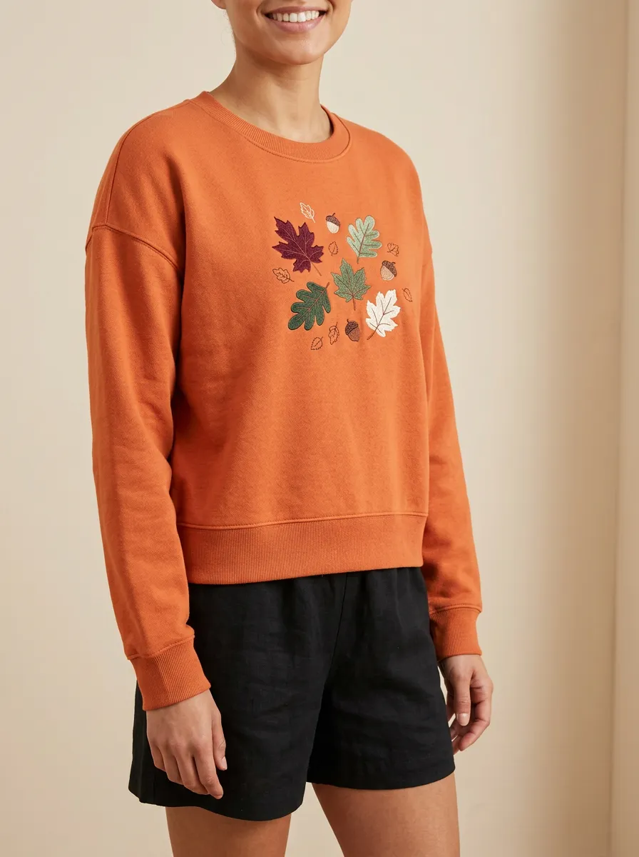 Textured Maple-Leaf Embroidered Acorn Graphic Sweatshirt