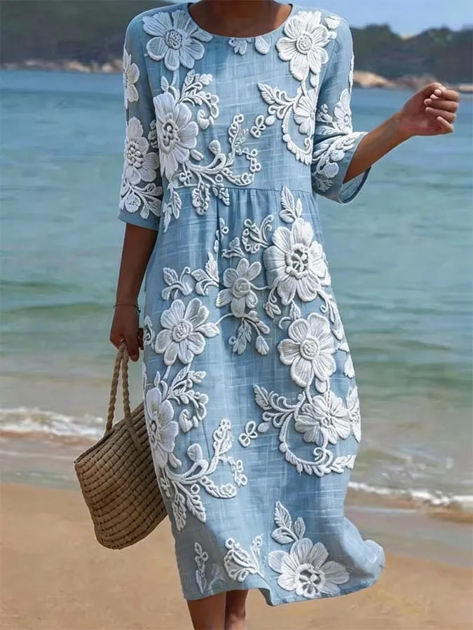 Women's Casual Round Neck Mid Sleeve Print Cotton and Linen Dress