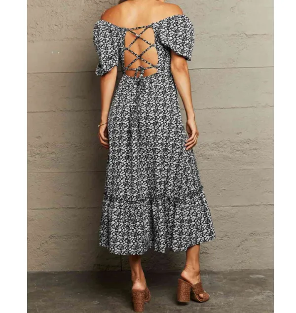 Lace-Up Off-Shoulder Midi Dress