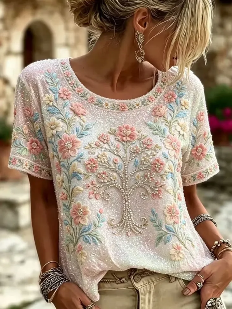 Women'S Retro Tree Of Life And Celtic Sequin Art Cotton Linen Casual Short Sleeved Round Neck Top
