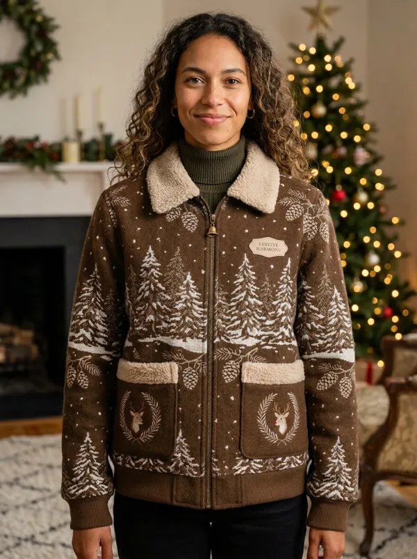 Christmas Forest Deer Print Sherpa Collar Jacket