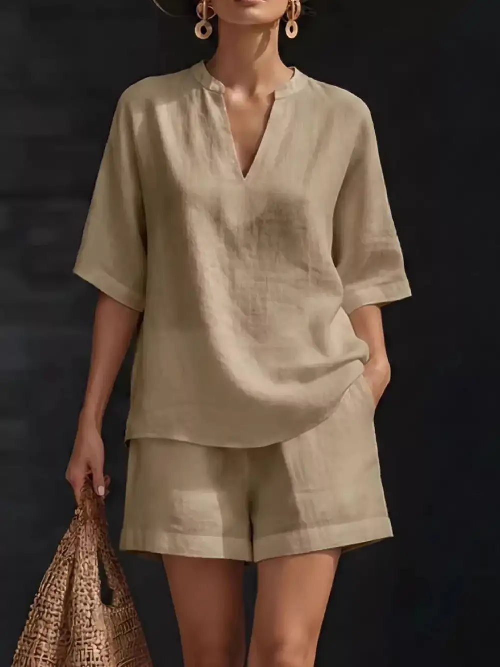 Notched Half Sleeve Top Shorts Set Plus