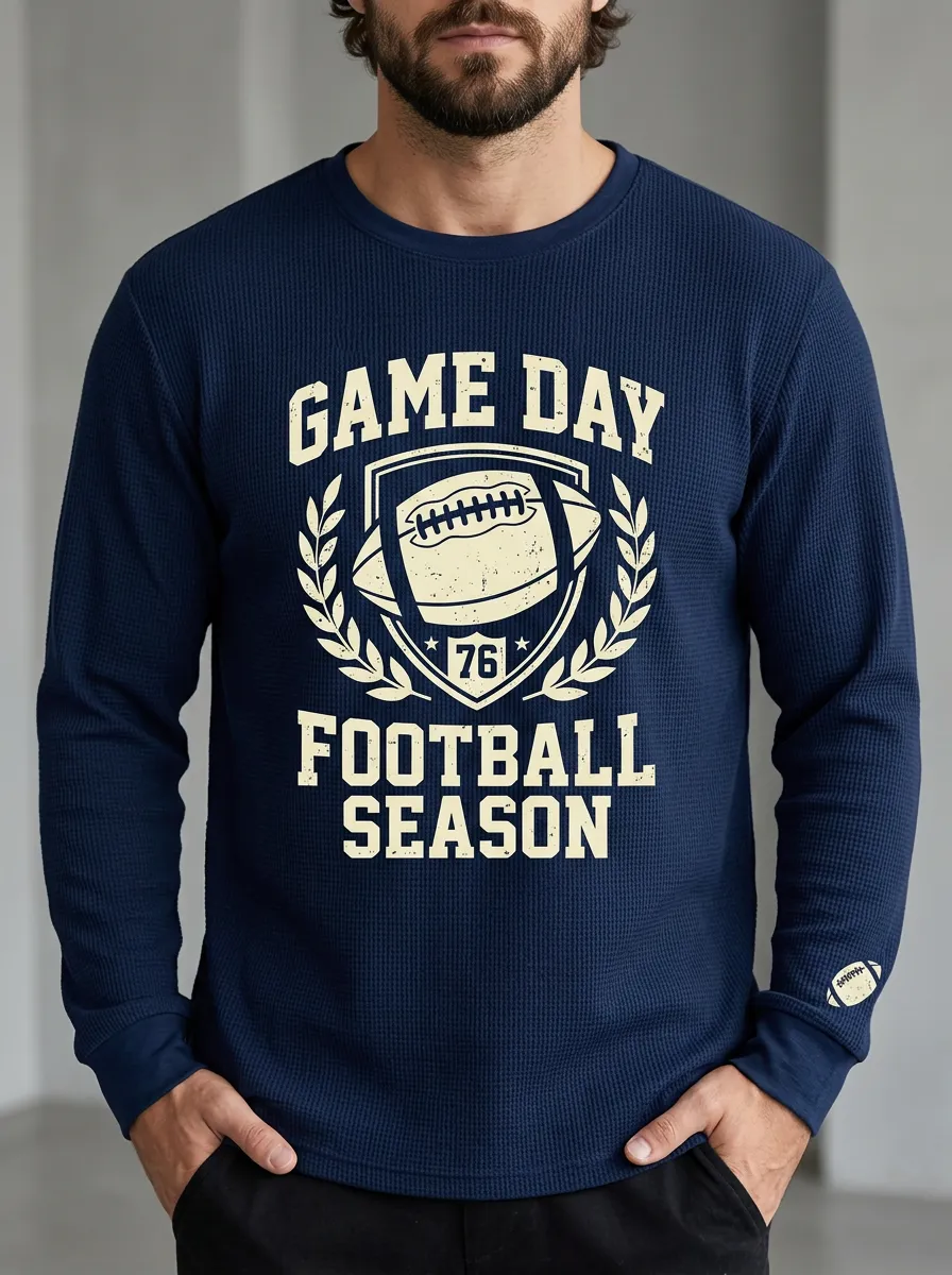 Men's American Football Game Day Shield Printed Waffle Long Sleeve T-Shirt