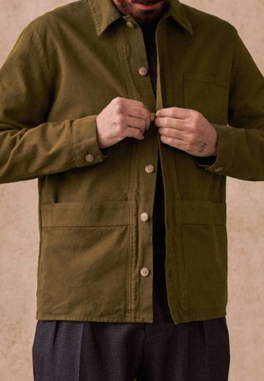 Dark Khaki Cotton Twill Utility Chore Jacket