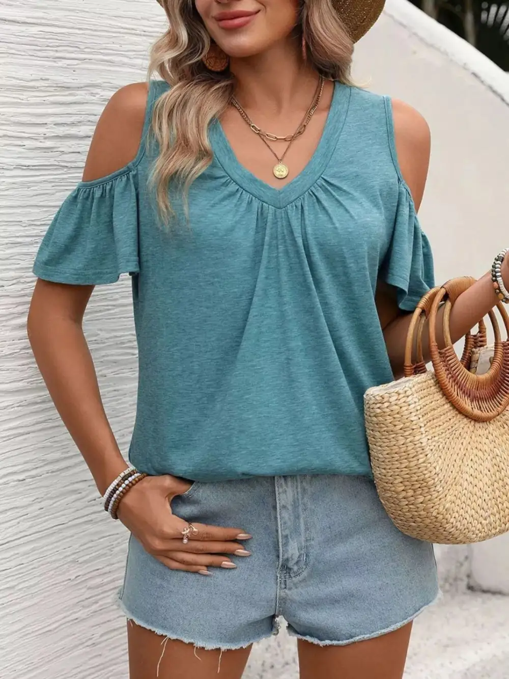 Cold Shoulder V Neck T Shirt