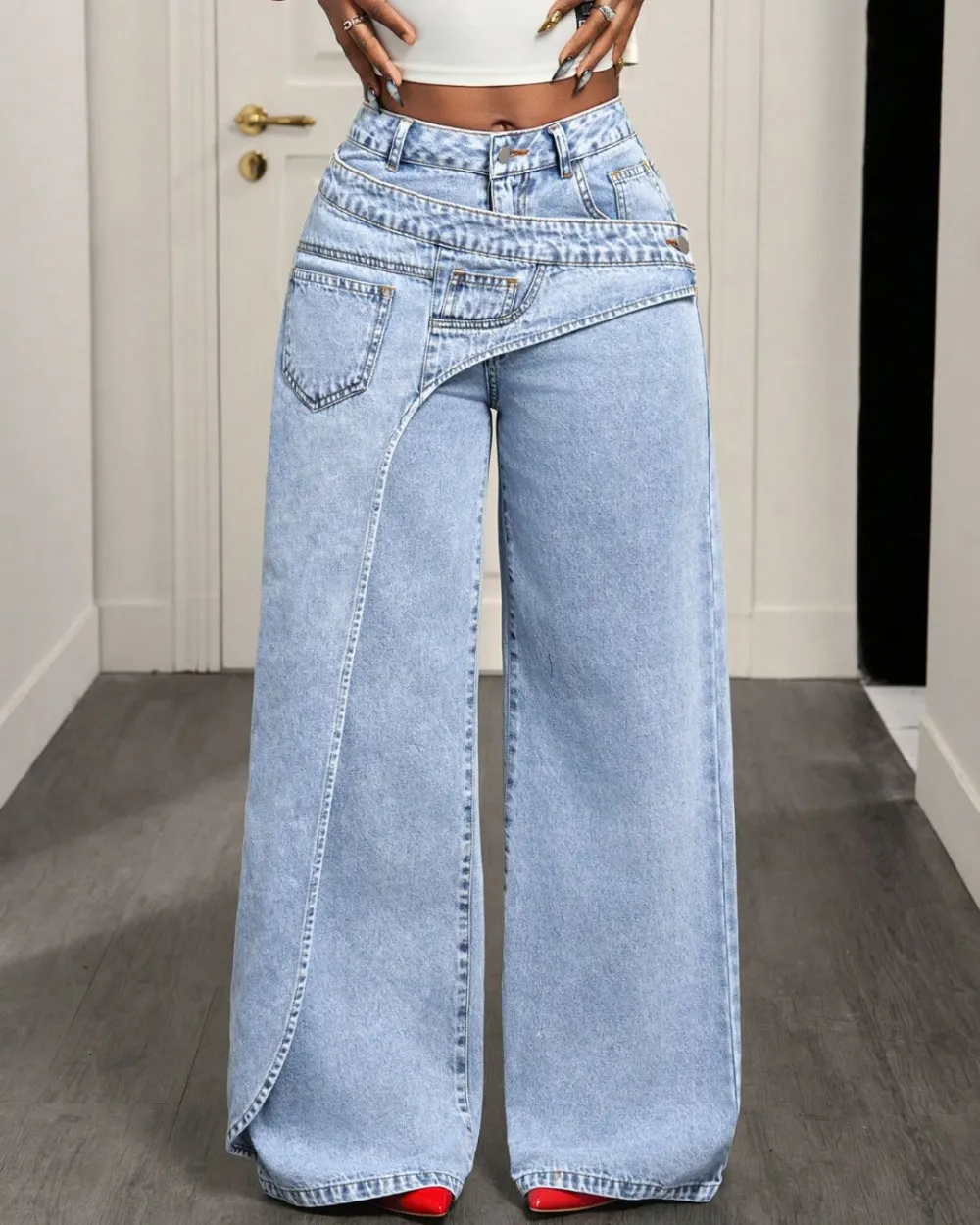 Asymmetric-Pocket Wide-Leg Jeans