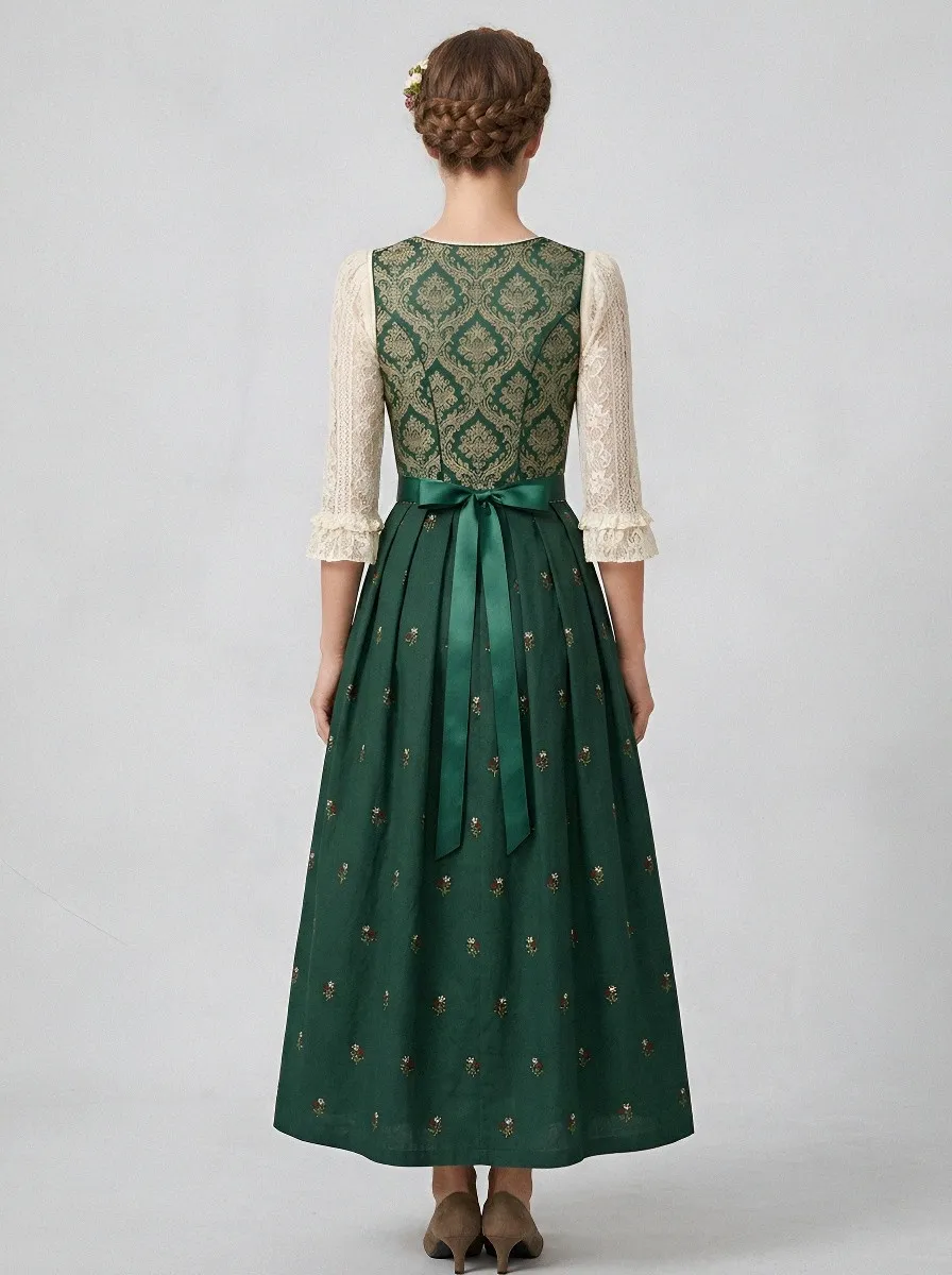 Floral Embroidered Square Neck Damask Traditional Women's Bavarian Oktoberfest Dirndl Dress
