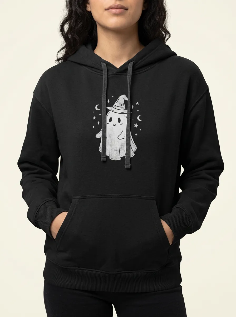 Women's Halloween Cute Ghost Witch Hat Printed Hoodie