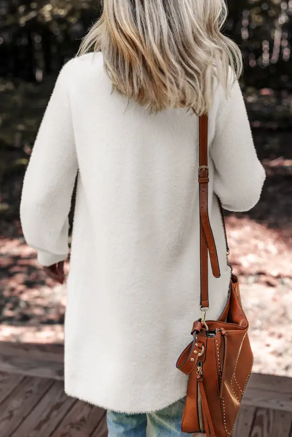Fuzzy Button Front Midi Solid Cardigan