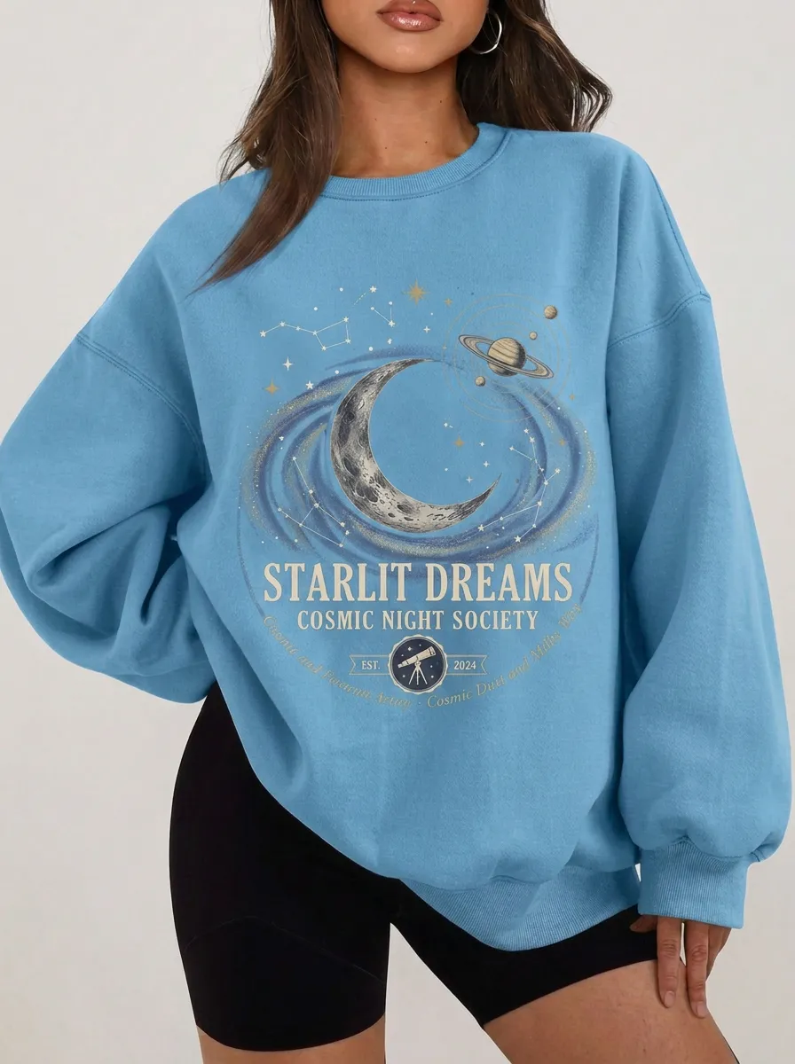 Women's Astronomy Lover Starlit Dreams Moon Planet Printed T-shirt