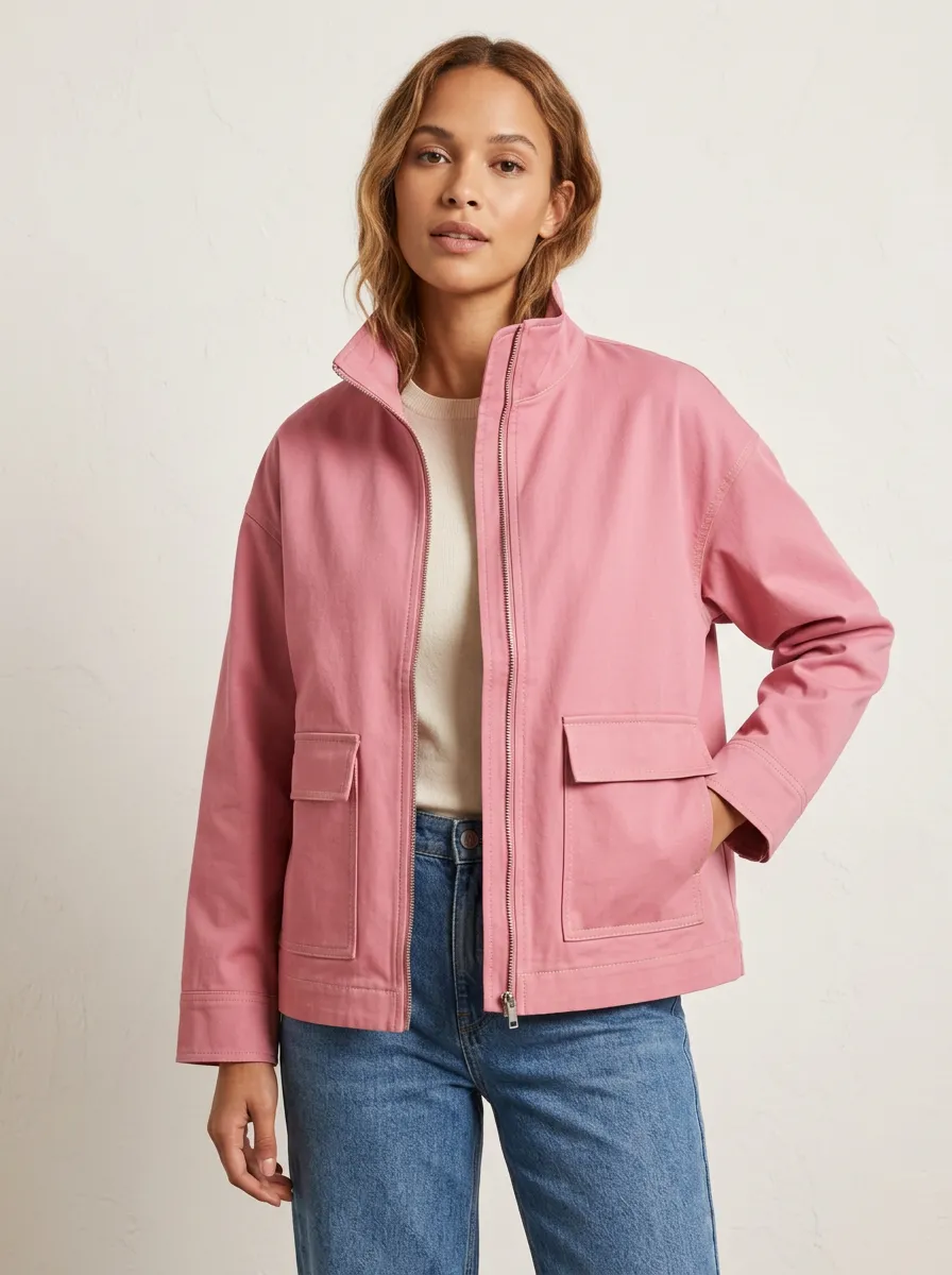 Women's Casual Pink Solid Color Zip-Up Utility Jacket