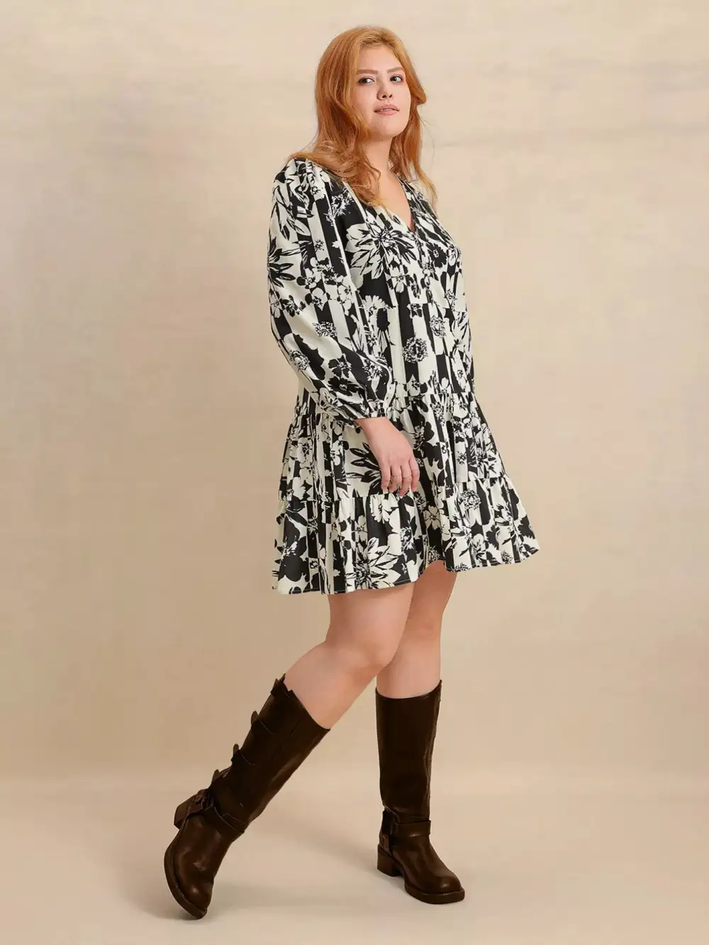 Drape Printed V Neck Long Sleeve Mini Dress