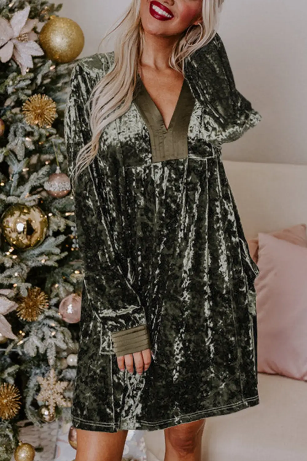 Pocket Detail V-Neck Long Sleeve Mini Dress