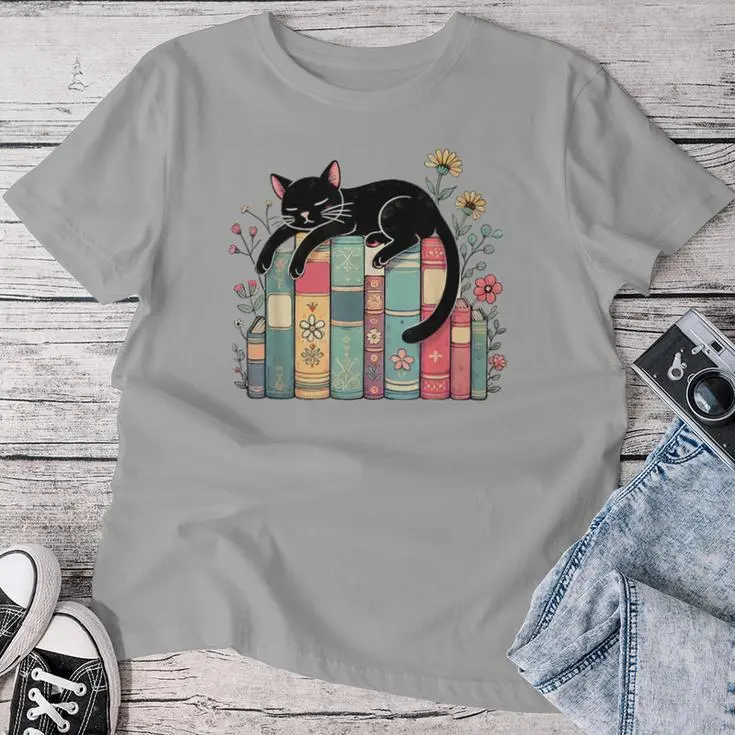 Floral Black Cat Sleeping On Books Women T-shirt
