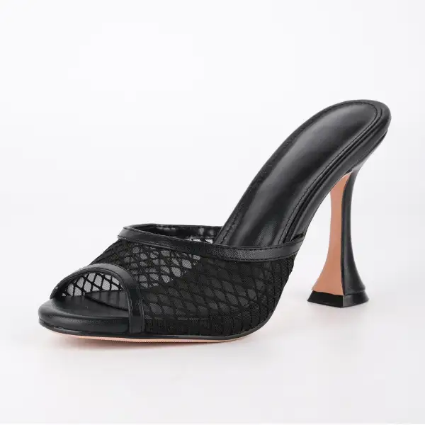 Round Toe Mesh Tapered Heel Mule Sandals