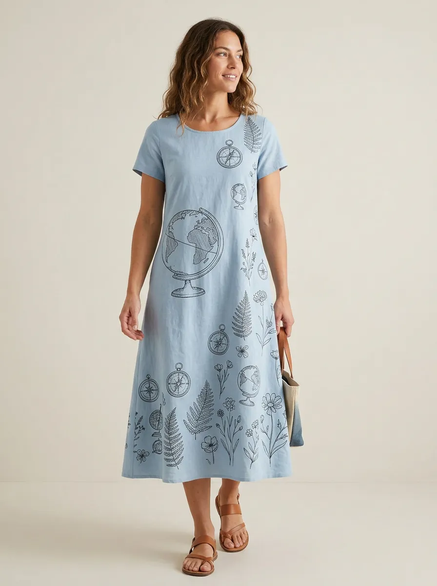 Women's Travel Lover Globe Compass Botanical Printed Dress