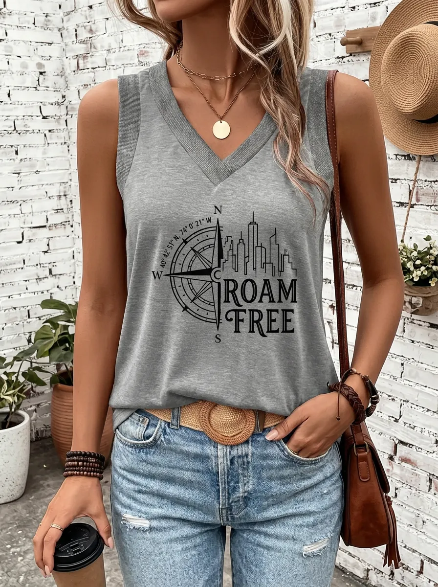 Women's Travel Lover Compass City Skyline Roam Free Printed Tank Top