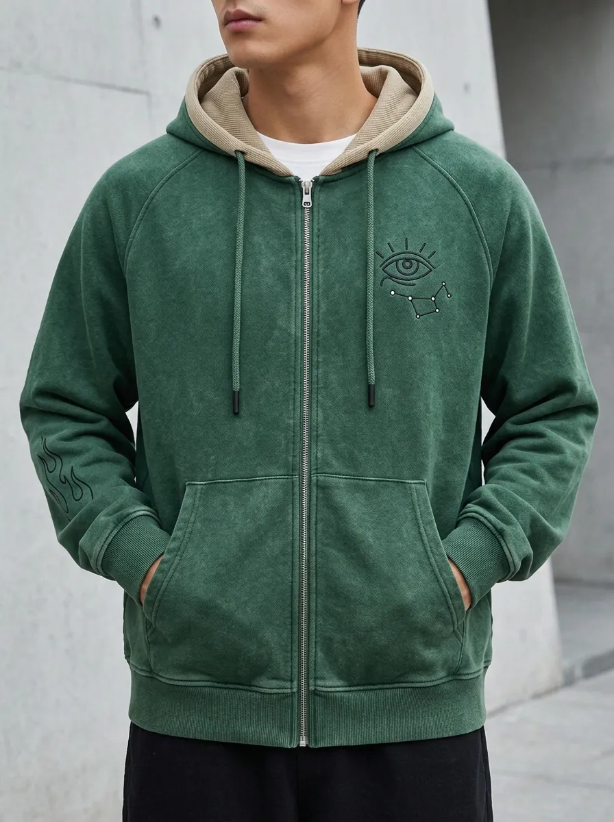 Men's Eye Constellation Flame Printed Zip Up Hoodie