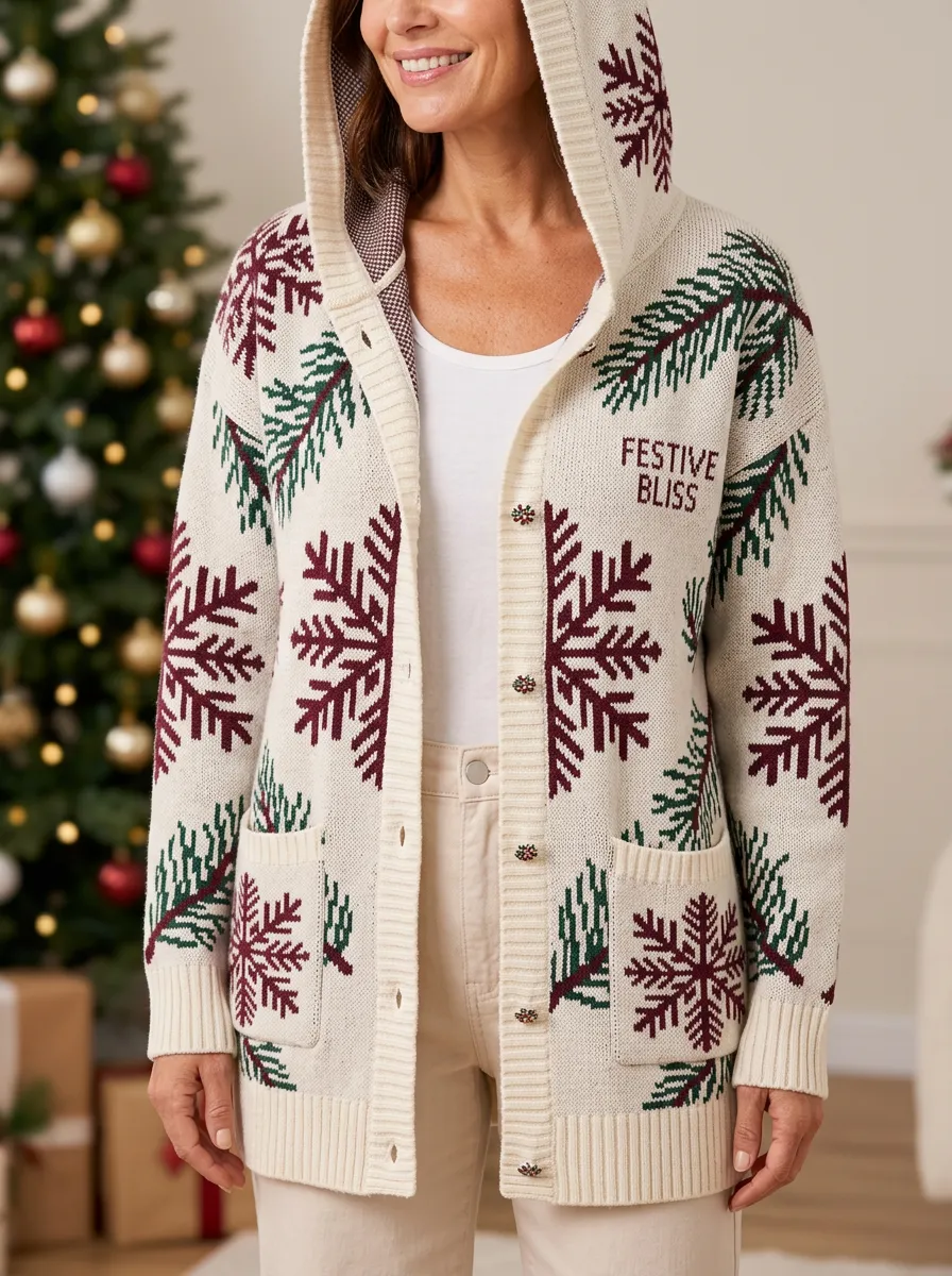 Christmas Festive Bliss Snowflake Pine Print Hooded Cardigan