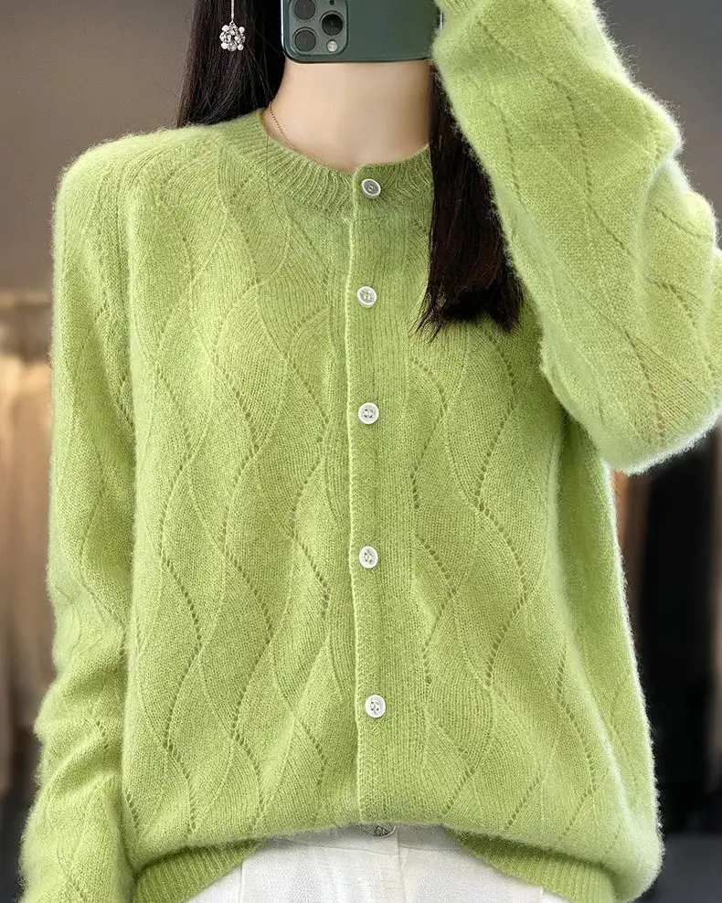 Modern Merino-Wool Wool Button-Front Round-Neck Cardigan