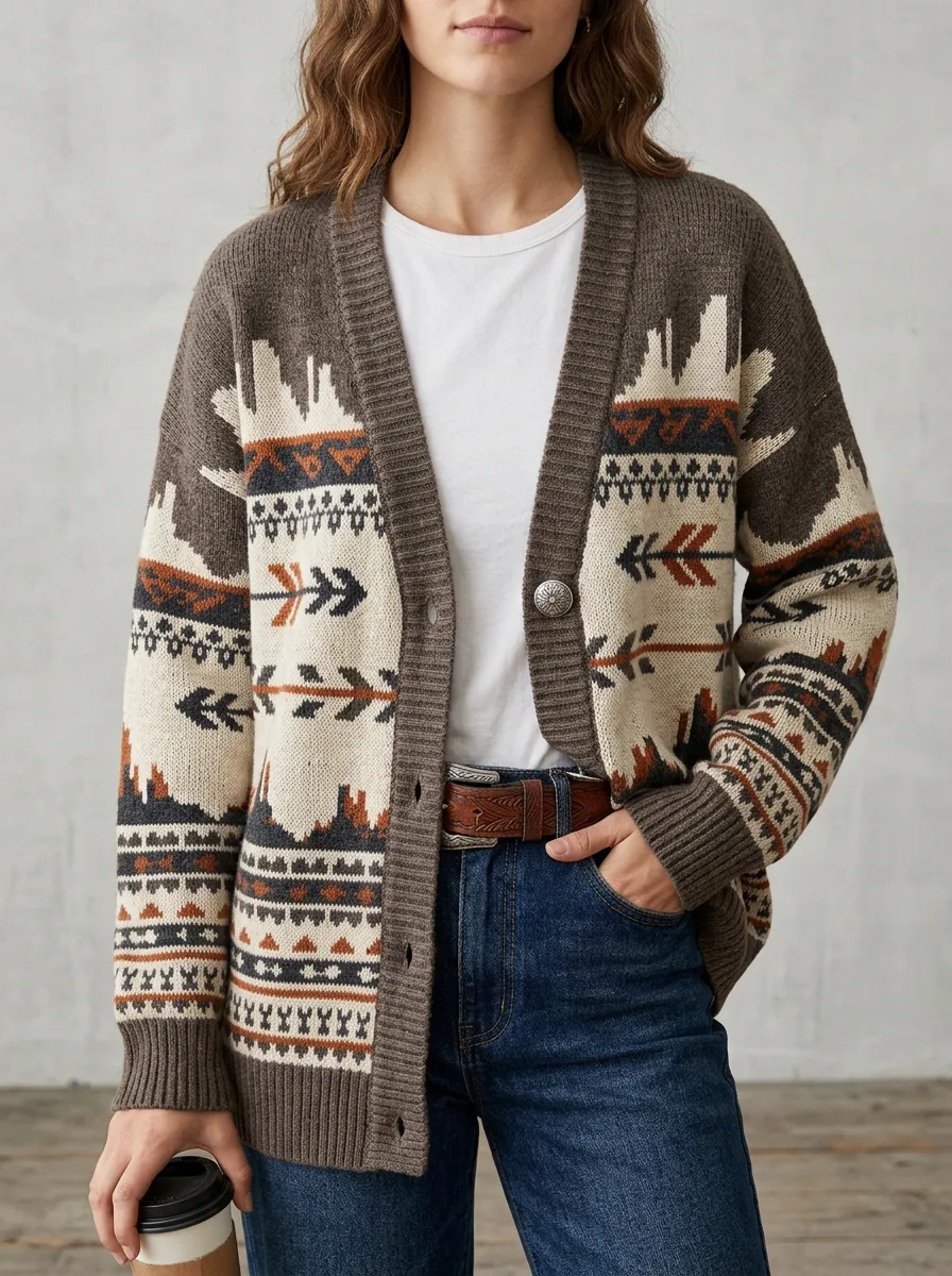 Women's Western Brown Patterned Jacquard Knit Cardigan