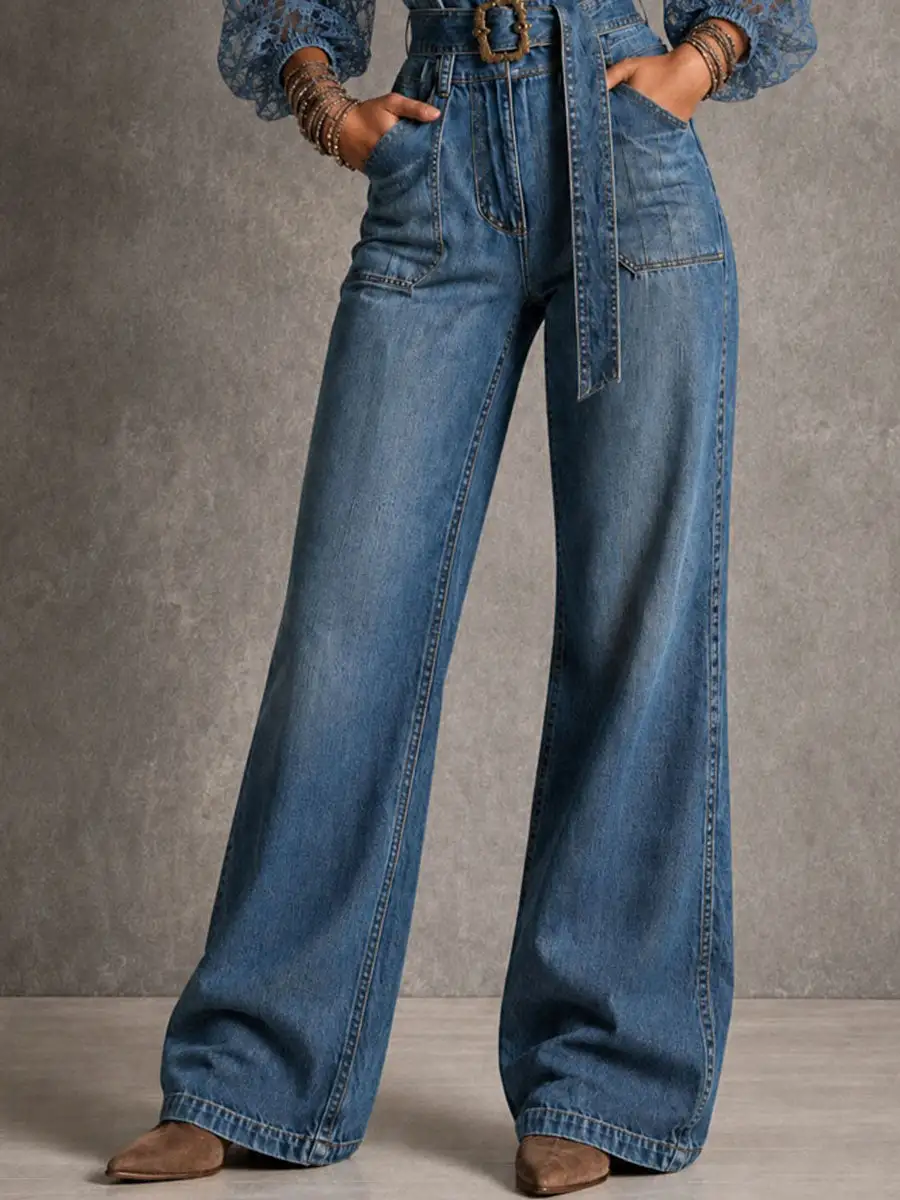Boho Lace Puff Sleeve Collar Button Belted Wide Leg Denim Jumpsuit