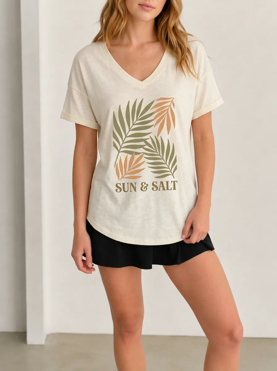 Women's Sun & Salt Tropical Palm Leaf Printed V-Neck T-Shirt