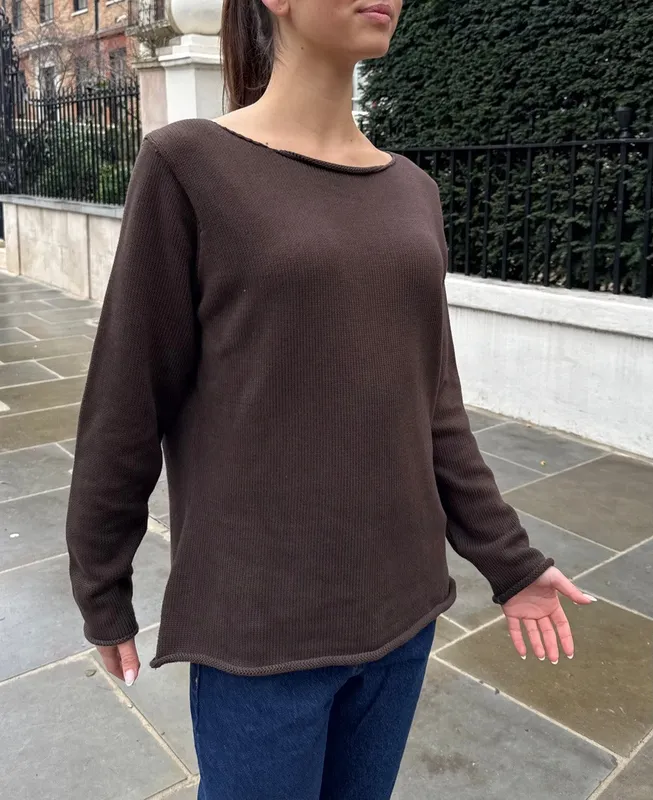 Dark Brown Raw Hem Sweater