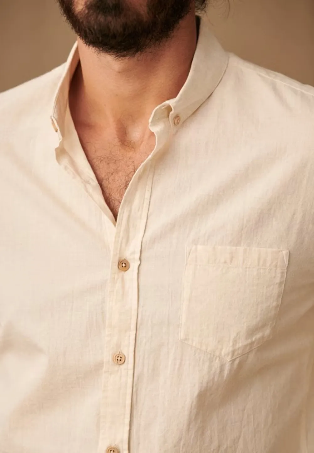 Beige Neutral Cotton Linen Blend Button Down Shirt