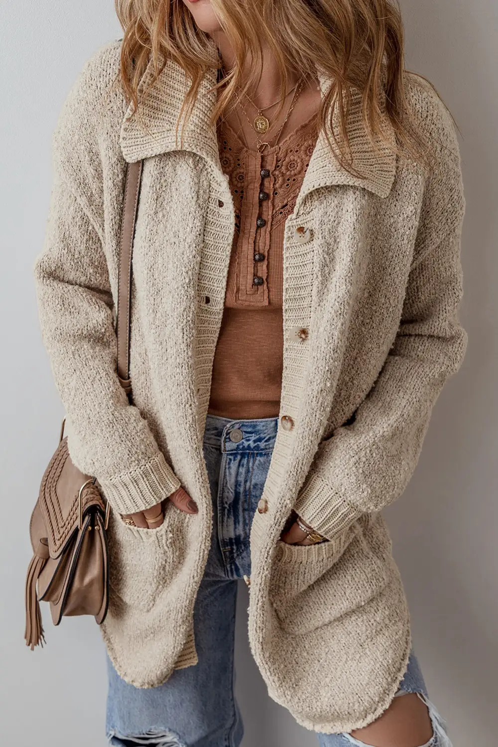 Collared Drop Shoulder Button Front Pocketed Cardigan