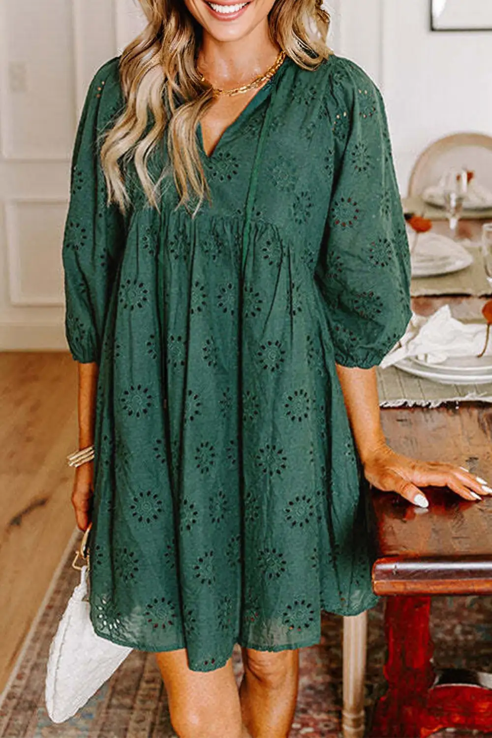 Blackish Embroidered Eyelet Pattern Puffy Sleeve Swing Mini Dress