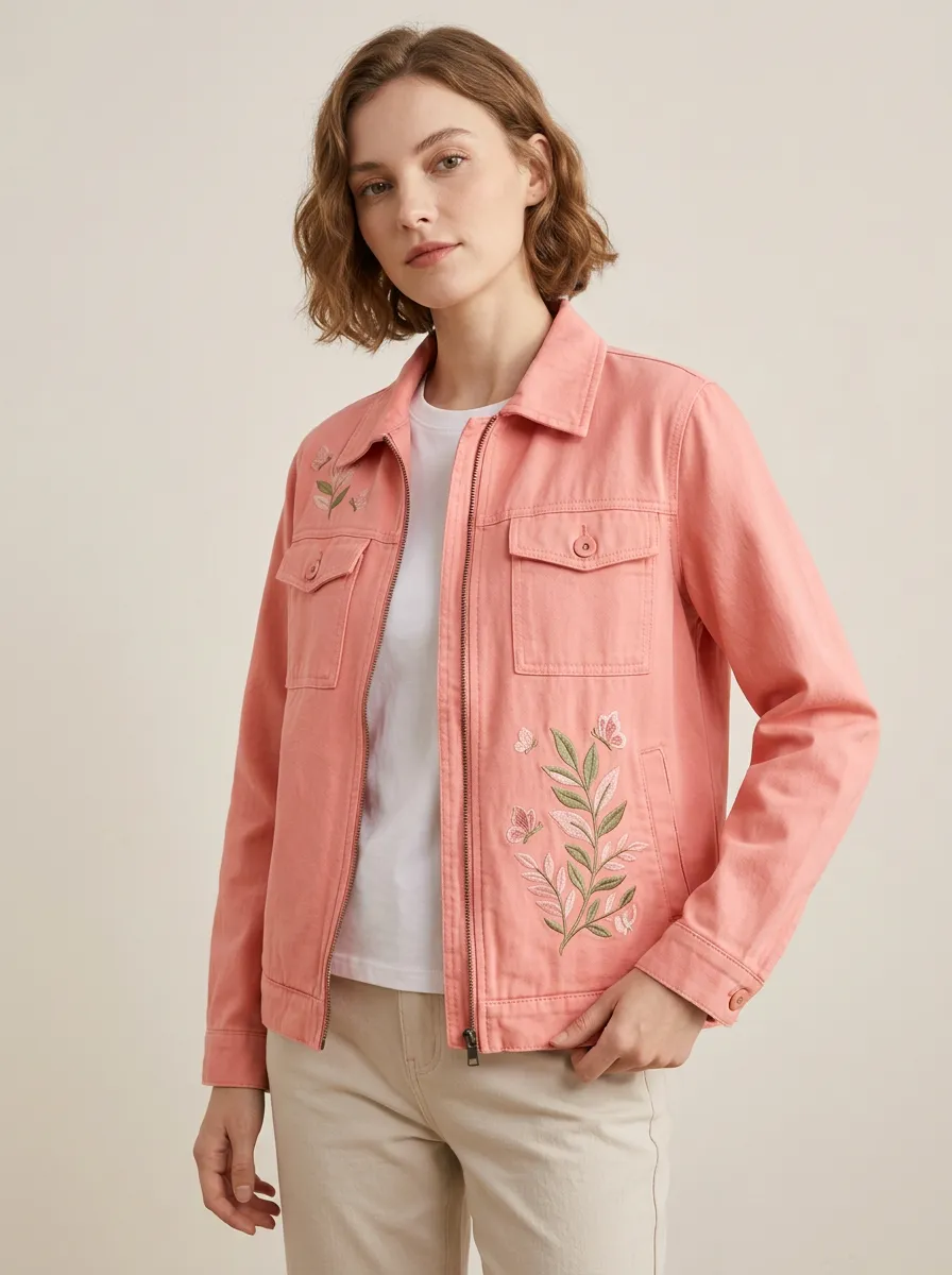 Women's Coral Embroidered Zip-Front Jacket