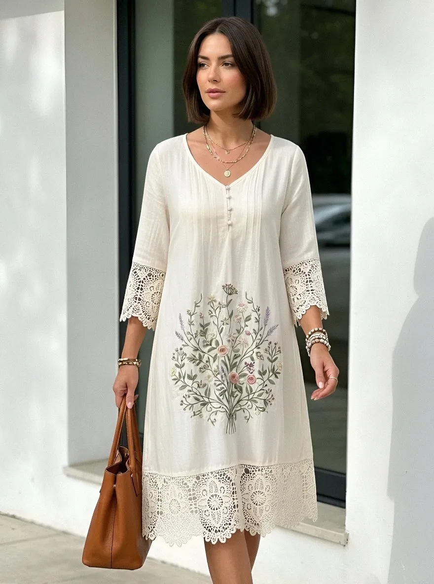 Women's Summer Vacation Floral Embroidery Lace Trim Printed Dress