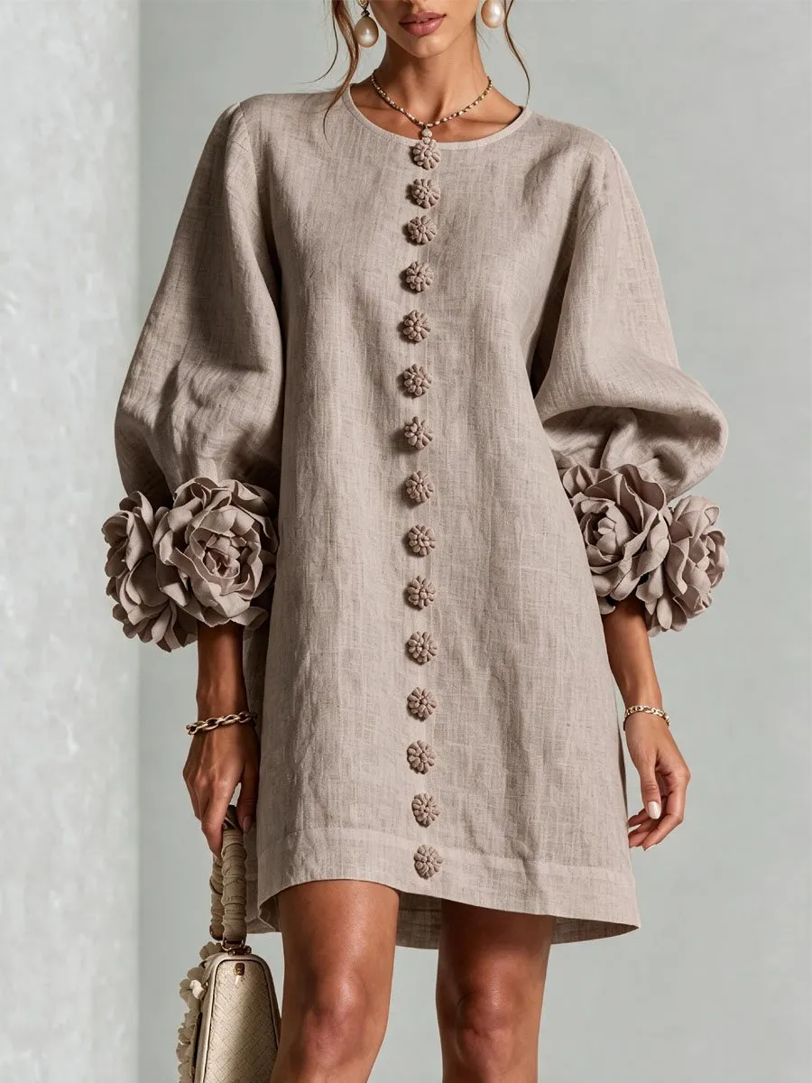 Printed 3D Floral Button-Front Mini Dress