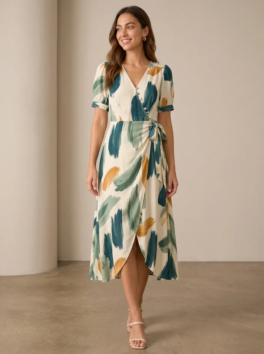Women's Abstract Brushstroke Printed Wrap Dress