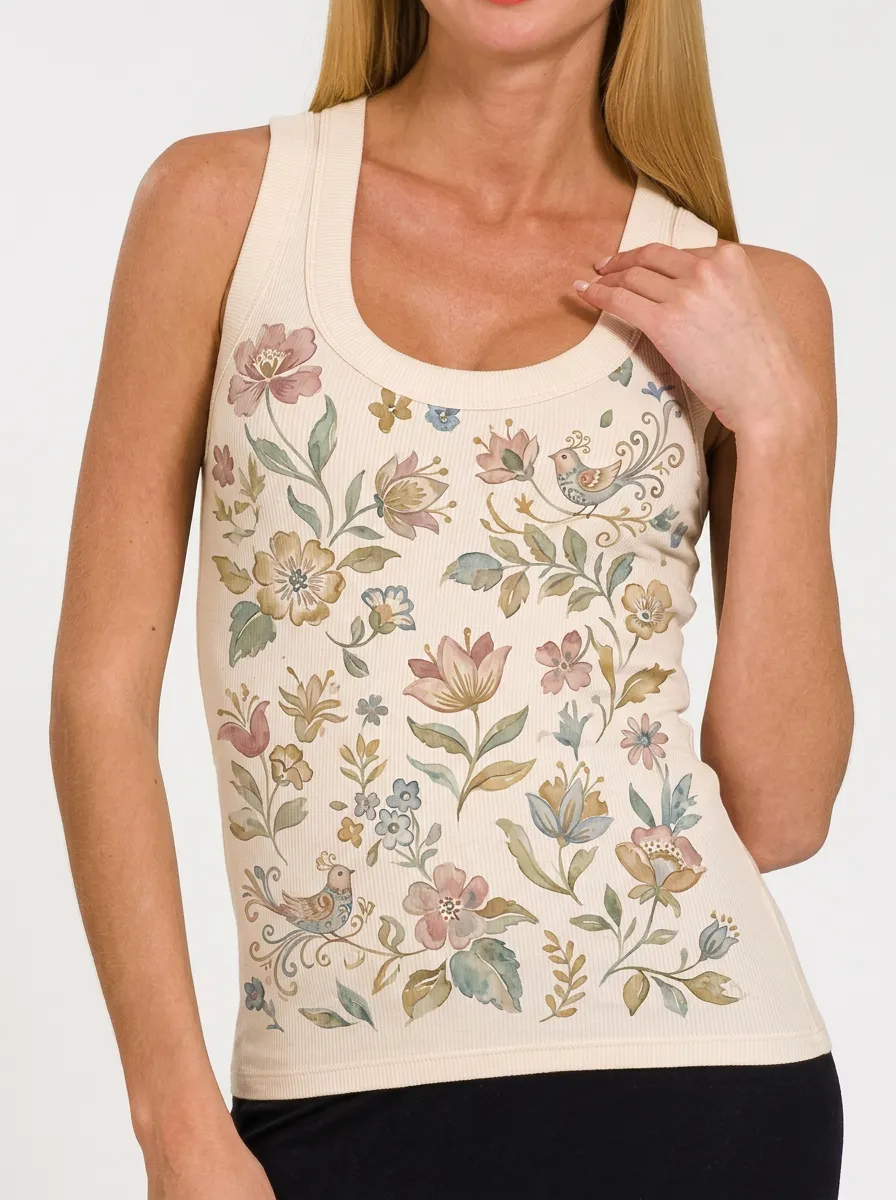 Women's Vintage Floral Bird Botanical Printed Ribbed Tank Top