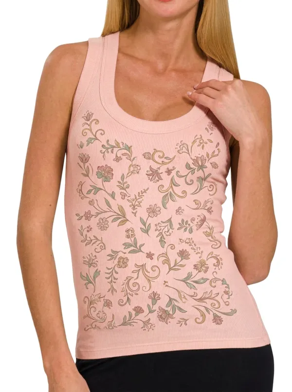 Women's Floral Botanical Art Printed Ribbed Tank Top