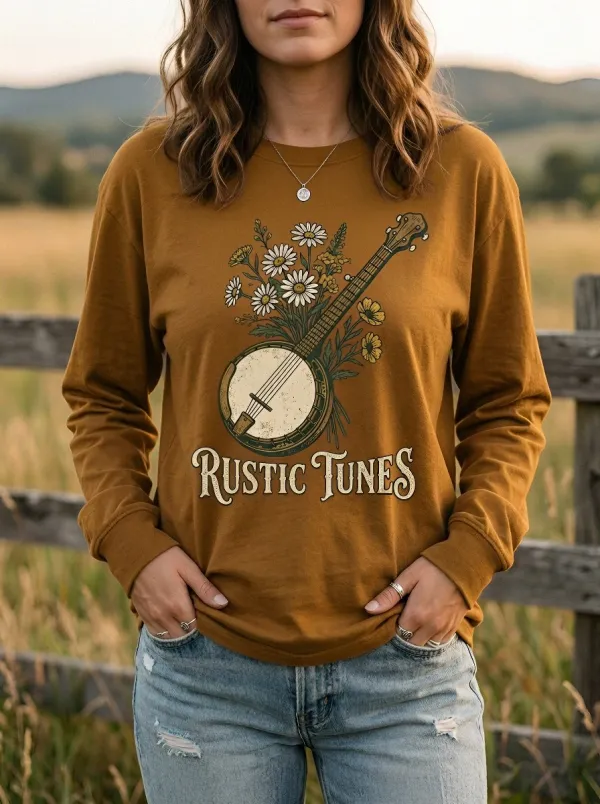 Western-Inspired Banjo Women's Country Music Long-Sleeve Shirt