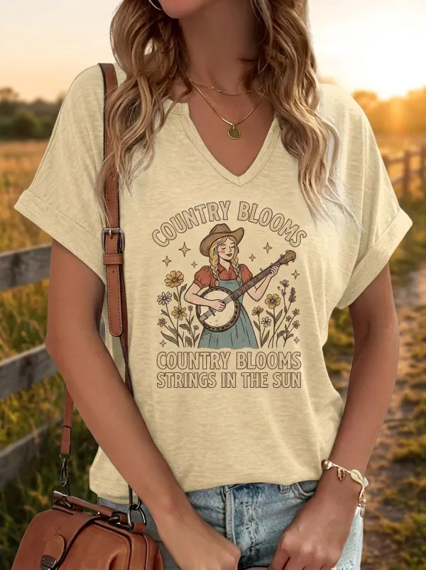 Nashville-Inspired Banjo Floral Country Music Graphic T-Shirt