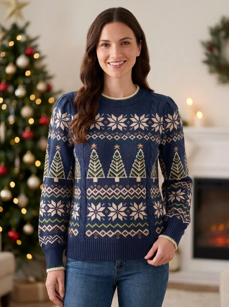 Christmas Holiday Tree Snowflake Pattern Print Sweater