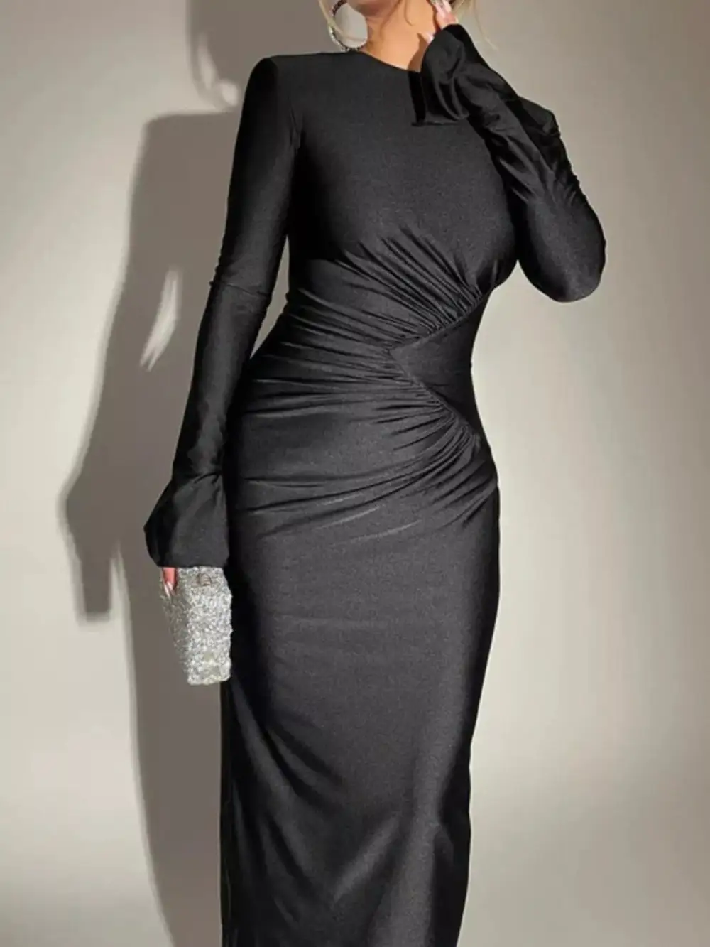 Relaxed Ruched Long Sleeve Bodycon Maxi Dress